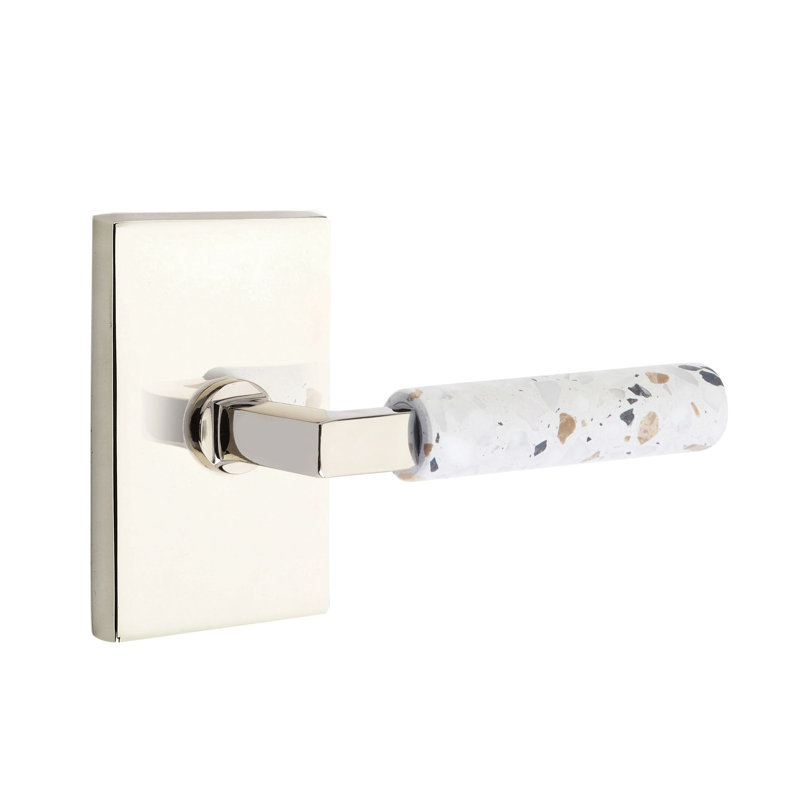 Select Passage Interior Mortise w/ Modern Rectangular Rosette & L-Sq. Stem, Lt. Terrazzo Lever, Left, Polished Nickel