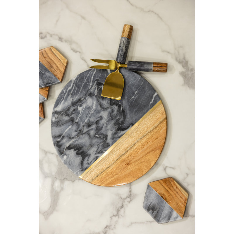 Ensemble de planches à fromage rondes en marbre noir et bois 12 po avec 2 pièces LuxeDesigns
