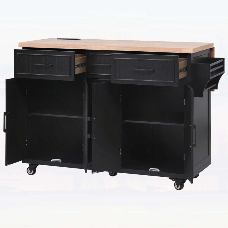 Rolling Kitchen Island with Drop Leaf,Power Outlet,and Ample Storage,for Kitchen,Dining Room, Black