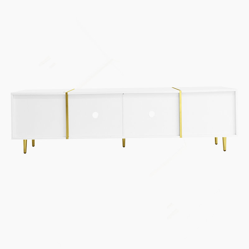 White High-Gloss TV Stand with 4 Doors, Modern and Minimalist, in Black-Gold Colour Combination, White