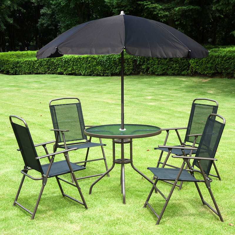 Ensemble de salle à manger de patio 6 pièces pour 4 personnes avec parasol, table d'extérieur et chaises avec 4 chaises pliantes et table ronde en verre pour le jardin, la cour et la piscine