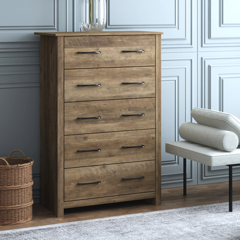 Commode 5 tiroirs H 46,7 po Walter, Chêne noueux