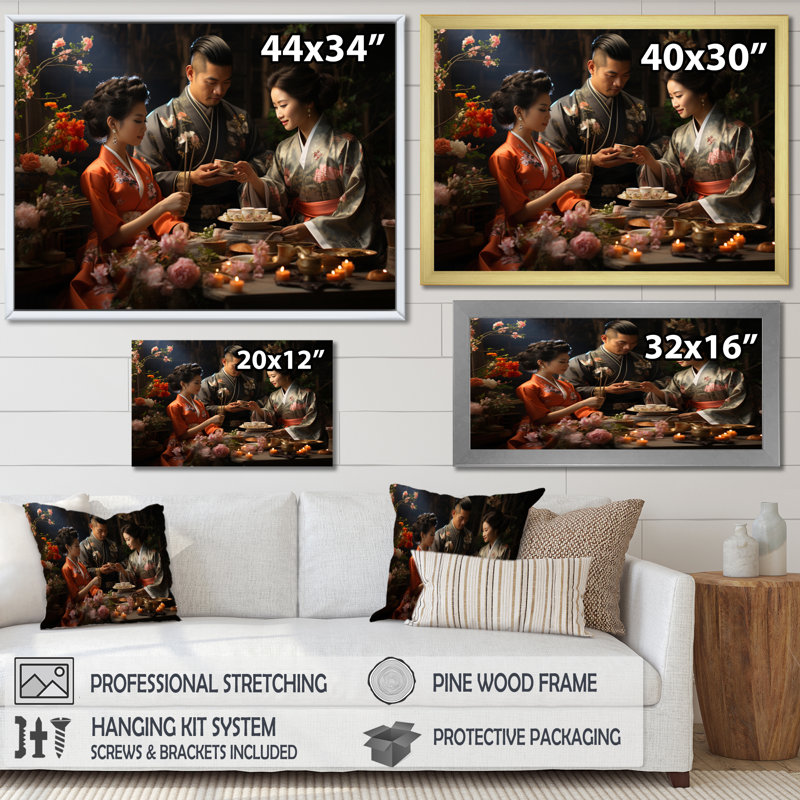 «Asian Art Harmony in Tea» - reproduction d'art, Impression blanche sur toile encadrée, H 24 po x l 32 po x P 1 po