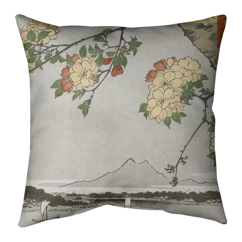 Housse de coussin Utagawa Hiroshige Blossoms Over the River, 26 po x 26 po, Gris / vert / brun, Bourre en polyester