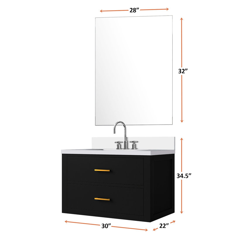 Noir 30 po Meuble-lavabo X 22 avec comptoir en marbre de culture, robinet et miroir de 28 po inclus, Noir