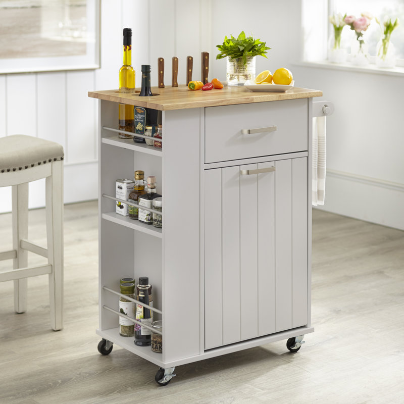 Chariot de cuisine avec plateau en bois massif Audy, Gris clair