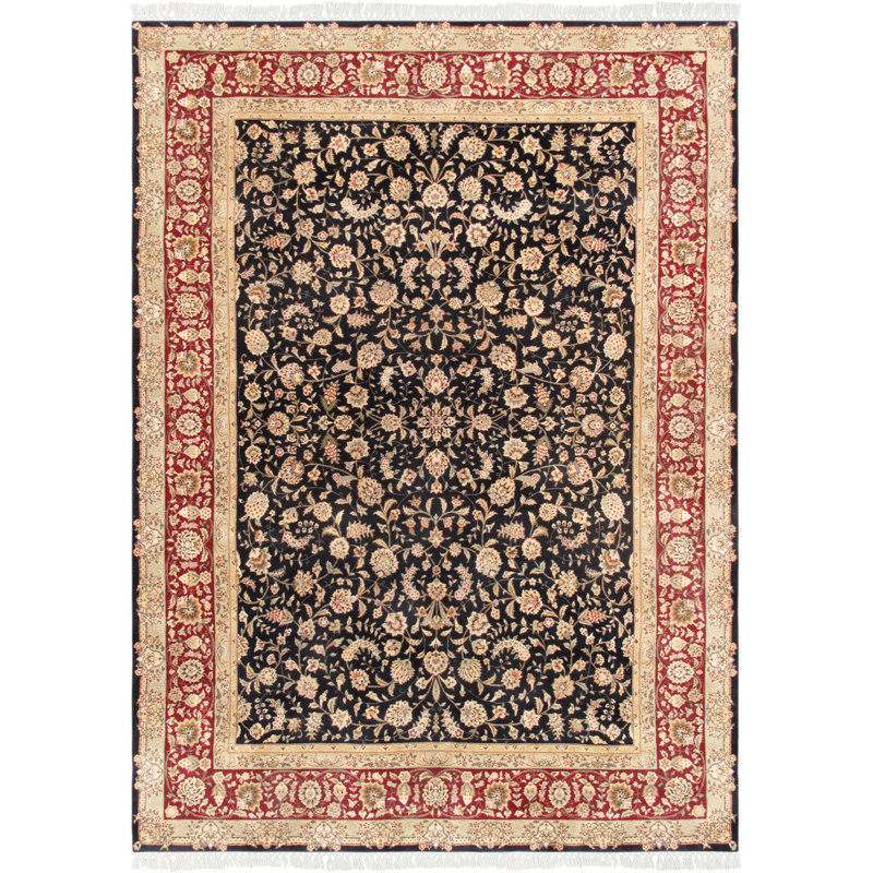 Tapis unique en laine / soie noué à la main 9 pi x 12 pi noir / rouge / beige Tabriz