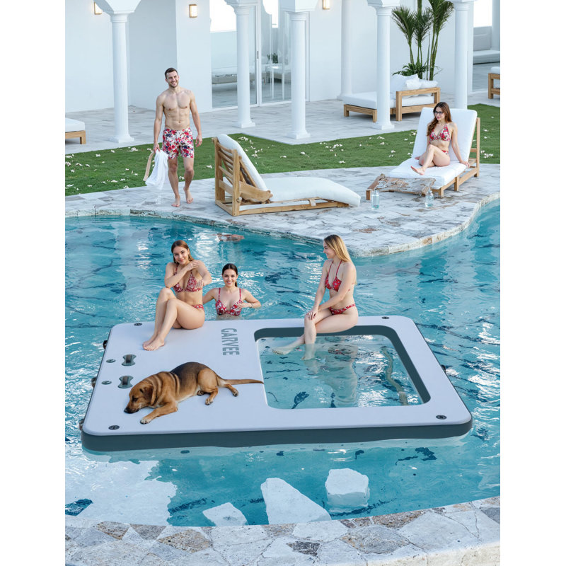 10x10FT Inflatable Floating Dock with Mesh Swim Area & Rope Ladder | Non-Slip EVA Deck, Marine-Grade PVC, 6 D-Rings for Lake, Pool, Beach & Ocean