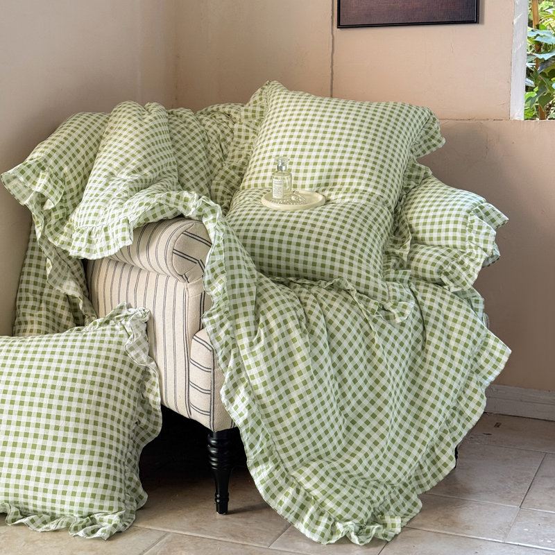 Ensemble d'édredon à volants en microfibre Gingham, Très grand lit, Vichy vert