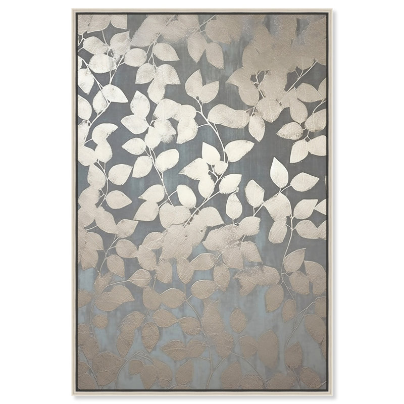 «Glam Gray Leaves», art mural floral élégant par Art Remedy, Cadre argenté, H 31 po x l 21 po