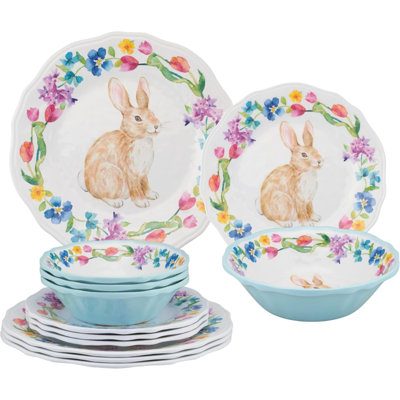 12 Piece Floral Bunny Melamine Dinnerware Sets, Outdoor Dishes Set, Plates And Bowls Sets, Easter Decorations, Service For 4, Multicolor