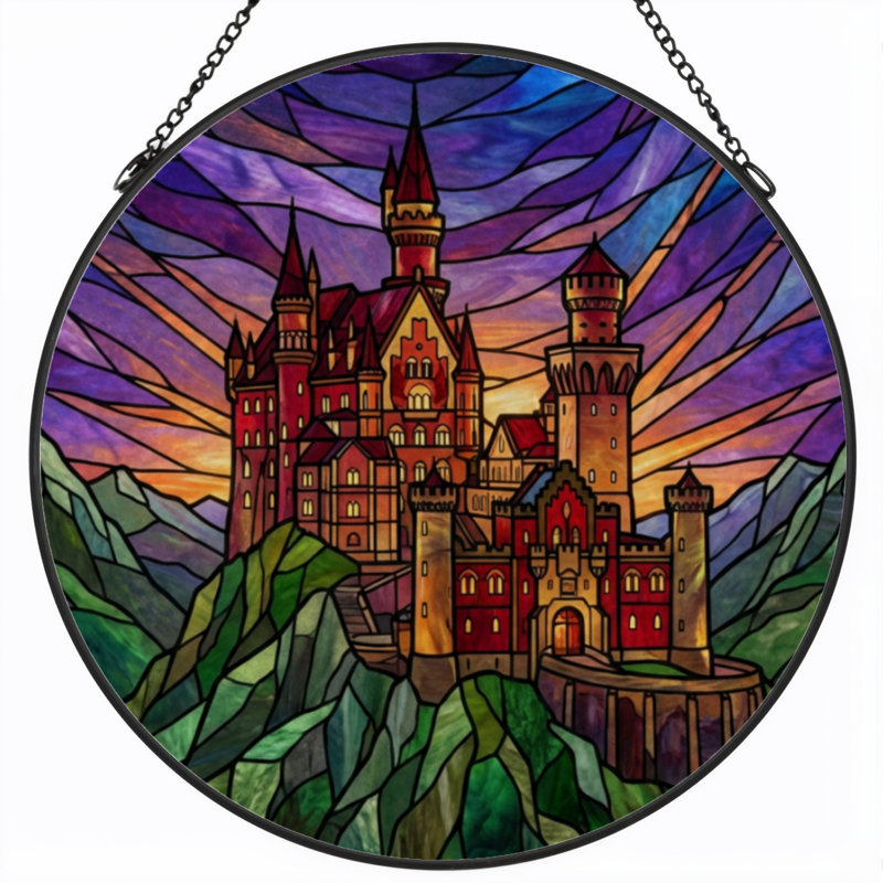 7.8"H Castle Sunset Stained Glass Window Panel, 7.8" H x 7.8" W