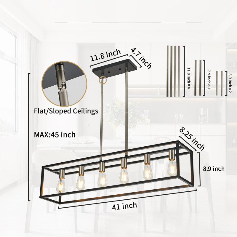 Luminaire suspendu linéaire 6 lumières Rast, Noir mat / nickel brossé