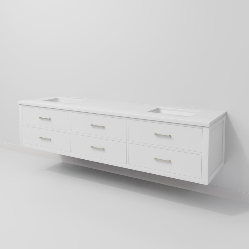 80" Wall-Mounted Double Bathroom Vanity Set, White, White Quartz