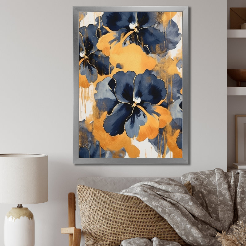 «Black and Yellow Minimalisme Pansies II», reproduction sur toile, H 40 po x l 30 po x P 1,5 po, Cadre photo argenté