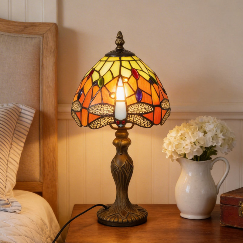 15" Vintage Tiffany Style Dragonfly Stained Glass Table Lamp (Bulb Included)
