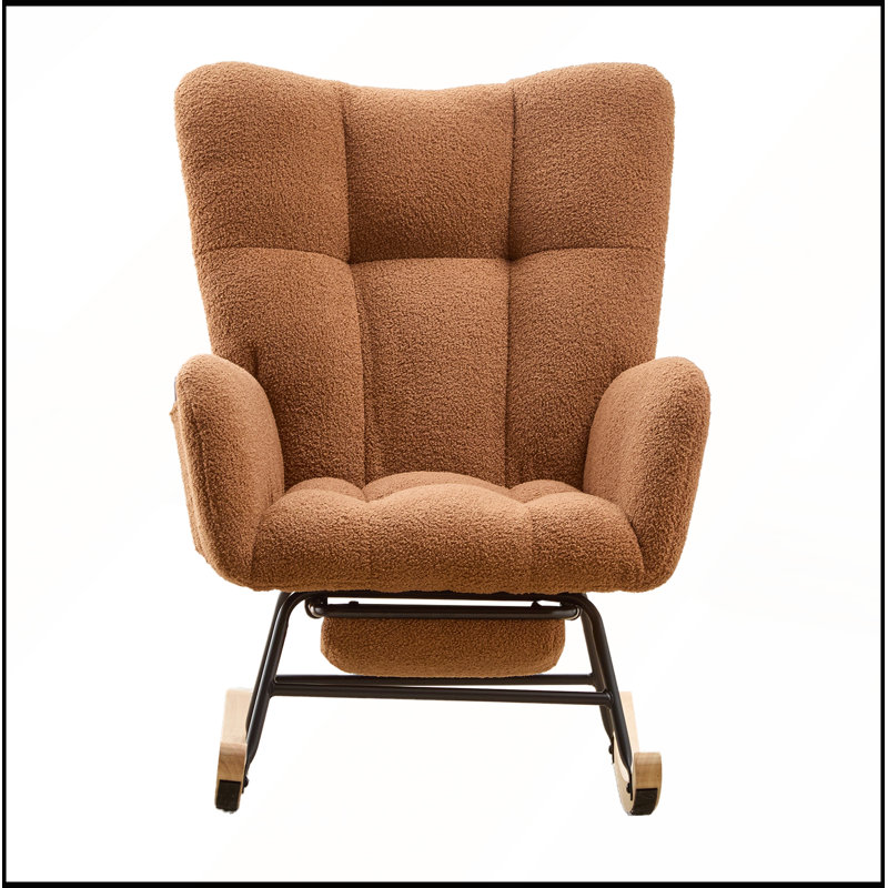 Ensemble chaise berçante à bascule en tissu Teddy avec repose-pieds et poche de rangement latérale, base en bois massif.