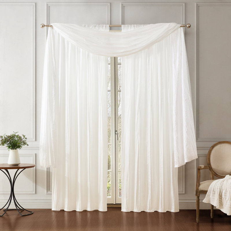 Danielly Solid Semi-Sheer Faux Crushed Silk Window Curtain and Scarf Set, White, 52" x 95"