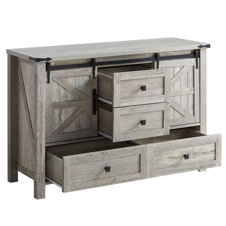 3 Pieces Farmhouse Bedroom Set, Bookcase  Bed Frame, 5 Drawer Dresser, 4 Drawers Dresser