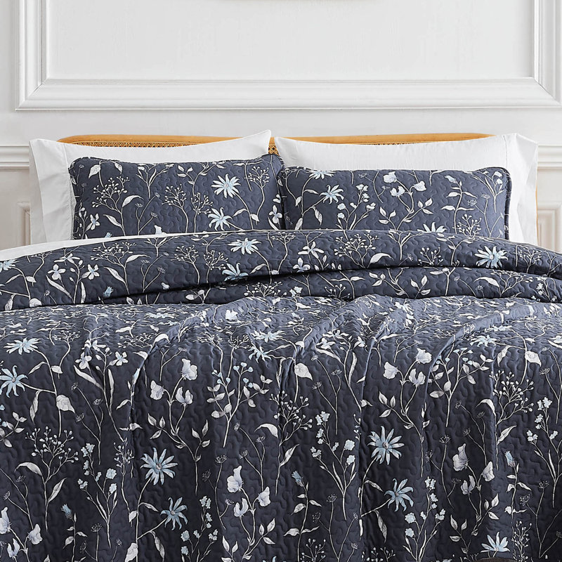 Secret Meadow Microfiber Reversible Quilt Set, Blue, King Quilt + 2 King Shams