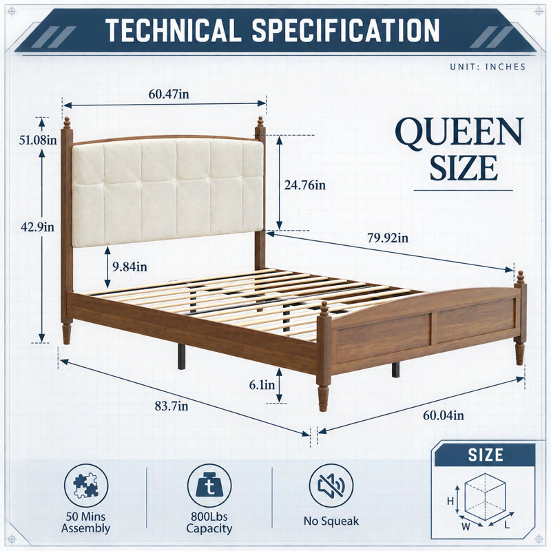 Cadre de lit plateforme Queen Size, lit de chambre robuste de style vintage à fuseaux avec structure de soutien renforcée, capacité de poids de 363 kg, tête de lit rembourrée et moelleuse