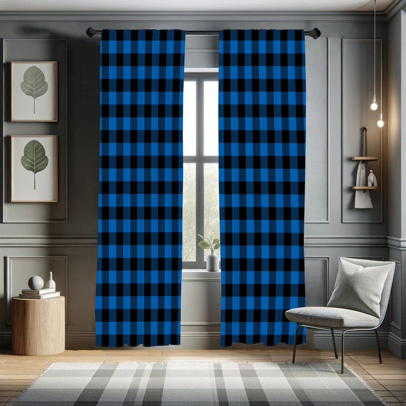 Charlton Home® Plaid Curtains, Lumberjack Buffalo Checks Art, Royal Blue/Black, 28" W x 95" L