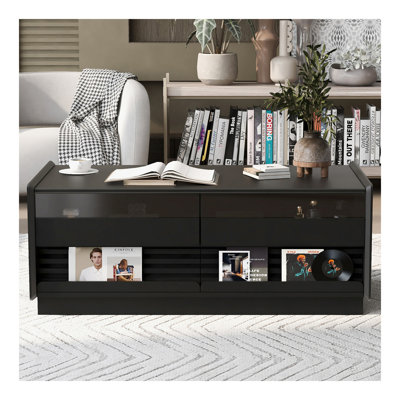 Table basse moderne rectangulaire avec 4 tiroirs et 2 tablettes, table basse en bois trempé de 47,2 po de style cannelé pour le salon