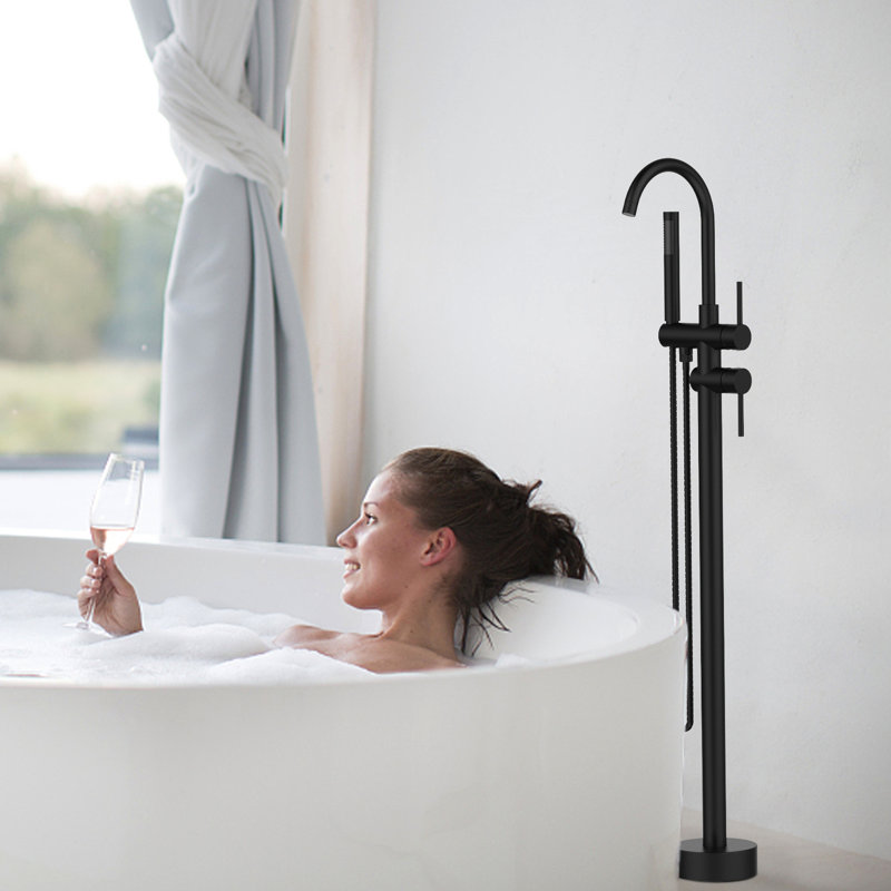 Robinet de baignoire noir mat - Fixation au sol avec robinet de baignoire à main en option