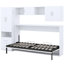 Lit simple blanc avec espaces de rangement ouverts, tiroirs, garde-robe et table intégrés - élégantes tablettes décoratives de gestion de l'espace, options, ajout de chambre
