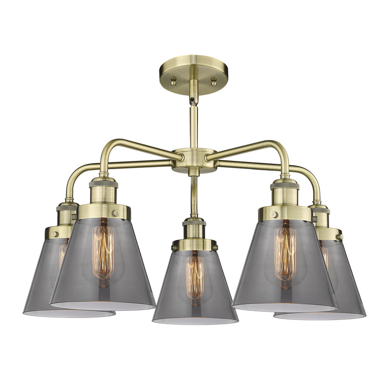 Lustre suspendu 5 lumières Cone, Laiton antique, Plaqué couleur fumée