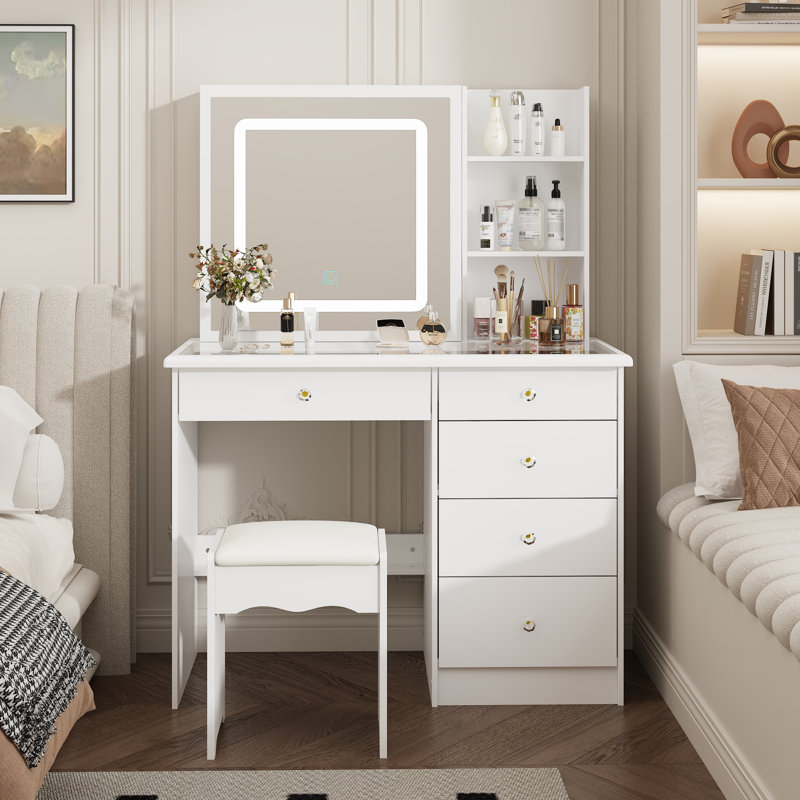 Vanity Desk Set Makeup Table with Large Sliding Lighted Mirror & Top, Modern Dressing Table with Drawers, Storage Shelves & Stool for Bedroom, White, 50.1 cm(W)× 100 cm(D)× 135 cm(H)