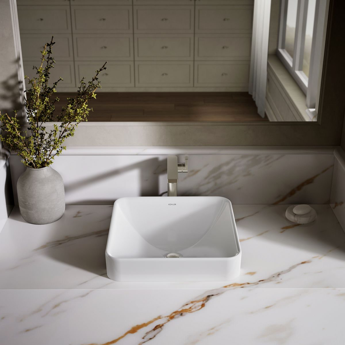 Vox Ceramic Square Vessel Bathroom Sink with Overflow, White