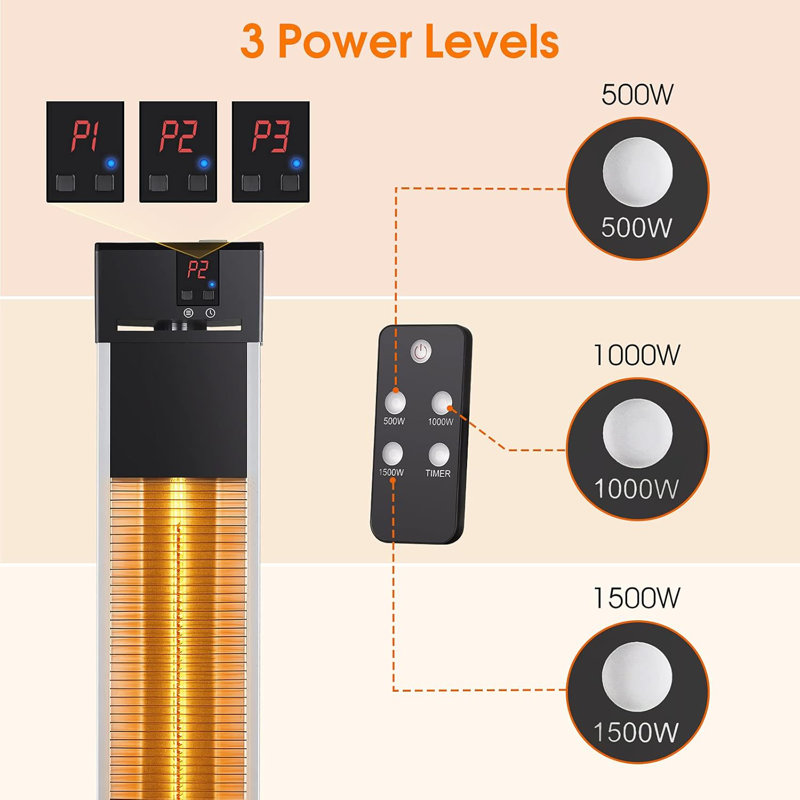 Black Aluminum Electric Standing Patio Heater with Remote Control