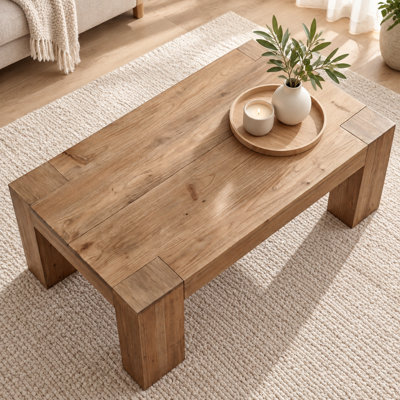 Table basse en bois massif pour salon, table basse rectangulaire de style campagnard avec plateau épais et pieds robustes, table basse rustique en bois, grande table basse pour maison ou appartement, marron