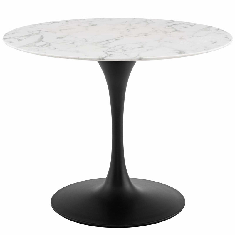 Mid-Century Modern 54" Round Marble & Wood Dining Table in Black/White