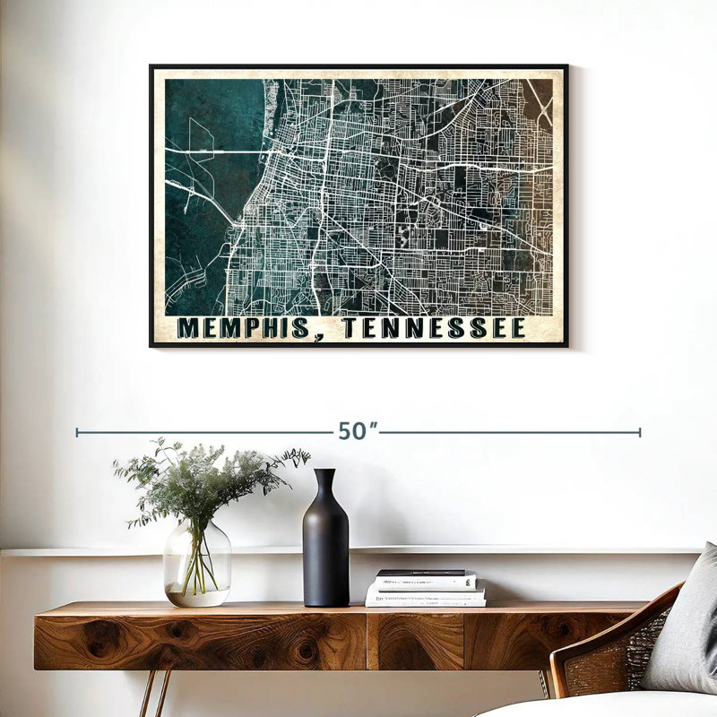 Carte rétro de la ville de Memphis, Cadre flottant noir, 37 po x 25 po