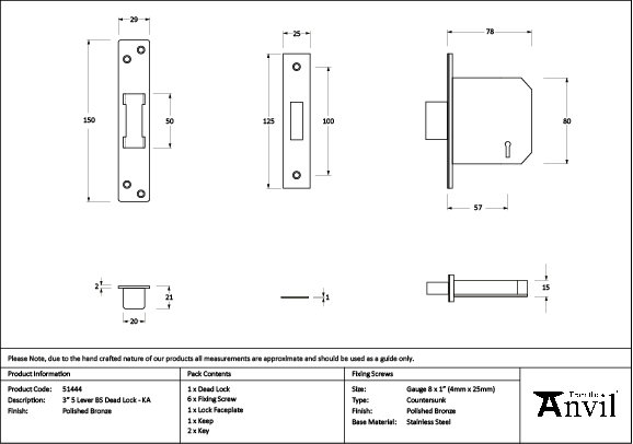 Lever BS Dead Lock, Polished Bronze