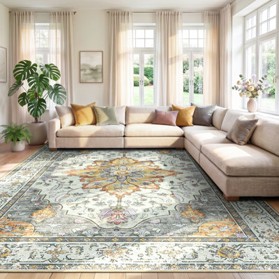 Sunflower Vintage Medallion Print Area Rug Non-Slip Machine Washable Low Pile for Living Room Bedroom
