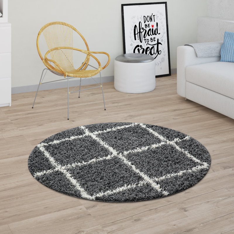 Tapis à poil long gris foncé Glaucio, Rond 6 pi 7 po