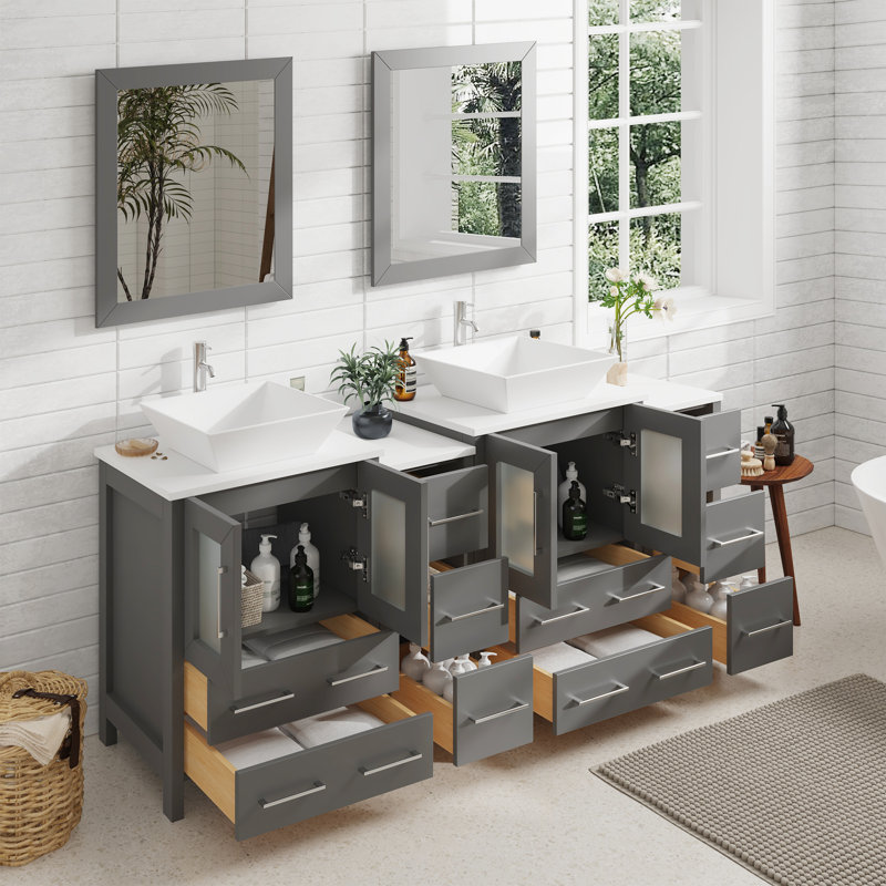  72" Double Bathroom Vanity Set with Mirror, Gray