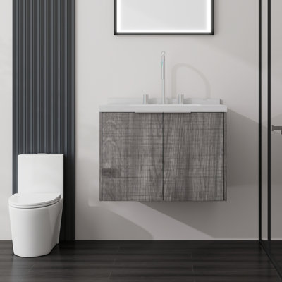 Meuble-lavabo suspendu de 61 cm avec lavabo, armoire en contreplaqué, lavabo en céramique, comptoir et dosseret en marbre reconstitué blanc de Carrare de 5 cm, portes à fermeture amortie, chêne gris