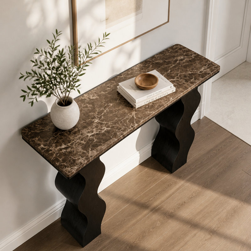 Console en marbre avec pieds en bois en forme de vague