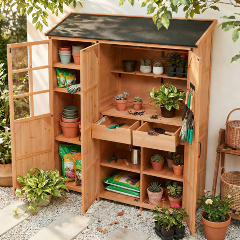 Banc de rempotage pour patio avec 3 portes, 7 tablettes de rangement, 2 tiroirs et 6 crochets, Naturel