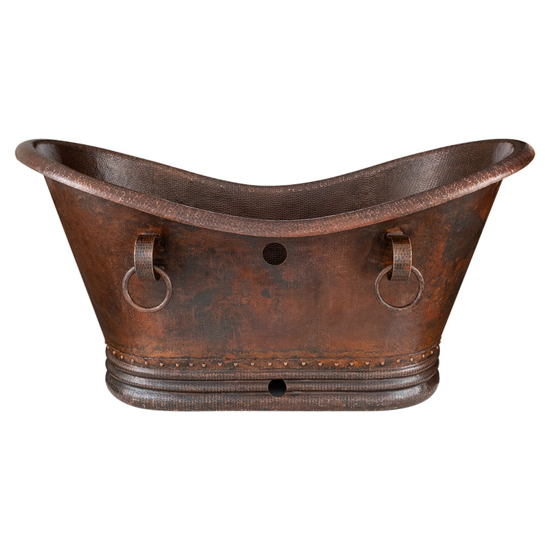 60" Hammered Copper Double Slipper Bathtub with Rings and Overflow Holes