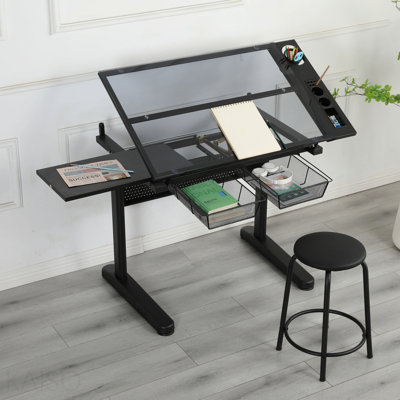 Table à dessin à manivelle réglable avec 2 tiroirs en métal (noir) et tabouret