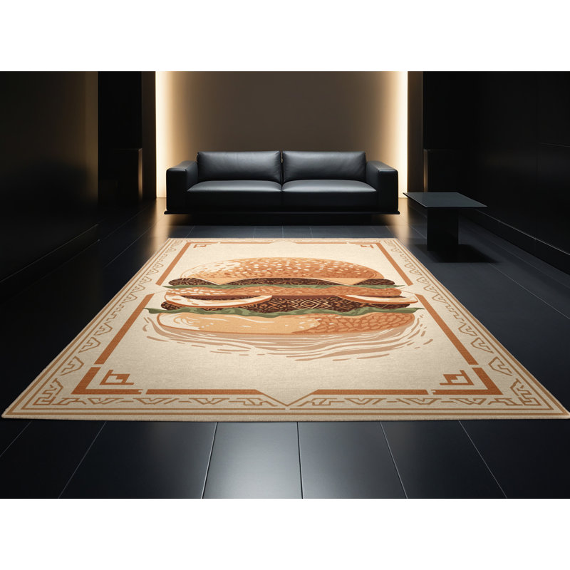Tapis marocain décontracté Wilkerson hamburger lavable à la machine - Reliure beige, 8 x 12