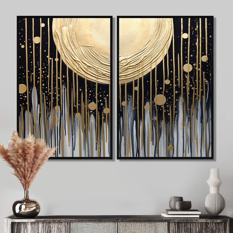 Gold Sun Abstractions I - Art mural moderne 2 panneaux, H 36 po x l 48 po, Impression encadrée flottante, Black