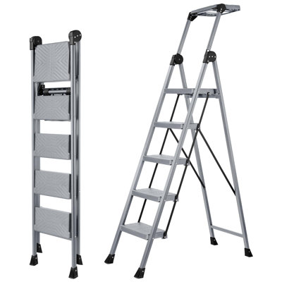 Échelle à 5 marches, tabouret en acier avec main courante pliable et plateau à outils, 660 lb, pédales larges antidérapantes et résistantes, espace de rangement compact (argent)