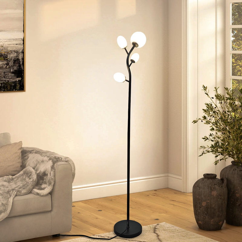 Lampe sur pied à DEL moderne avec abat-jour en verre givré, Noir