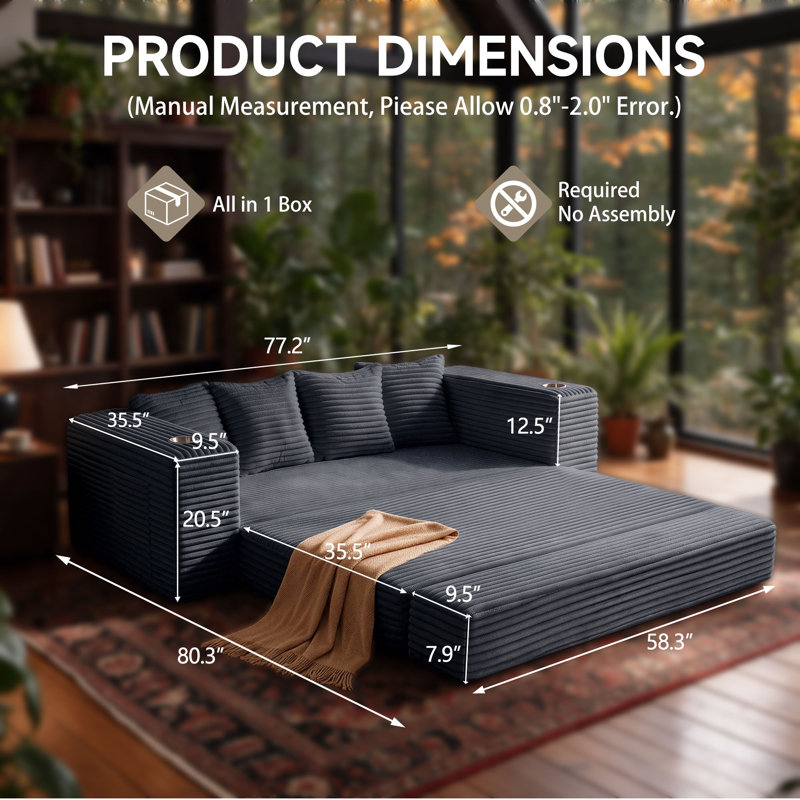 Upholstered 77.2 " Fabric Sofa & Chaise, Grey